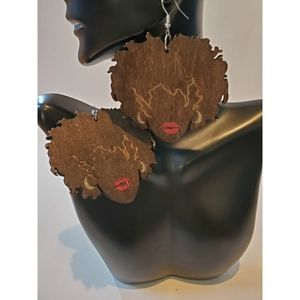 Natural Hair Glitter Lips Wooden Earrings
